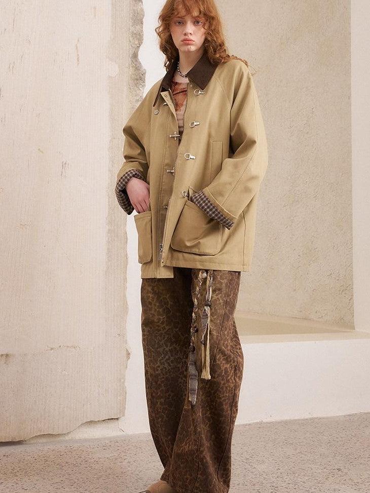 DIDDI MODA Khaki Leopard Split Panel High Waist Loose Fit Women&