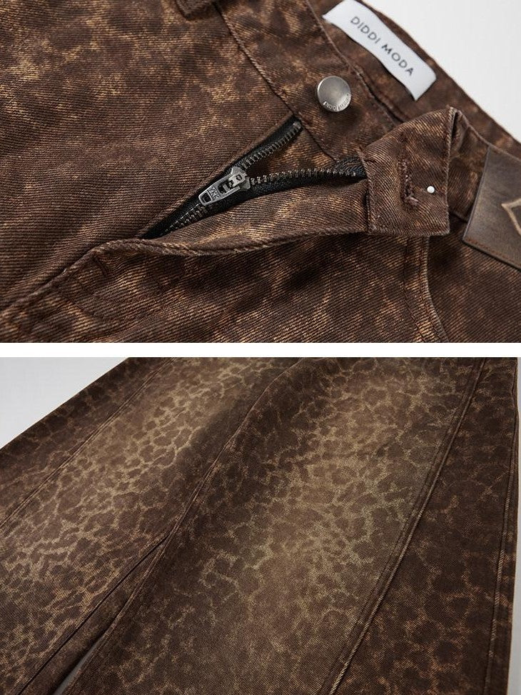 DIDDI MODA Khaki Leopard Split Panel High Waist Loose Fit Women&