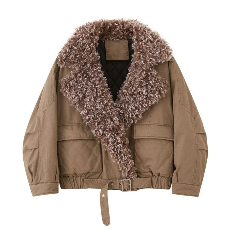 DIDDI_MODA_Khaki_Pu_Jacket_Parka_Round_Neck_Cargo_Pants_Women&