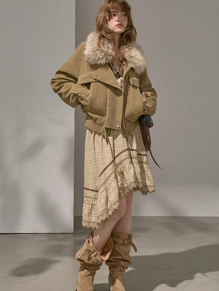 DIDDI MODA Khaki Pu Jacket Parka Round Neck Cargo Pants Women&