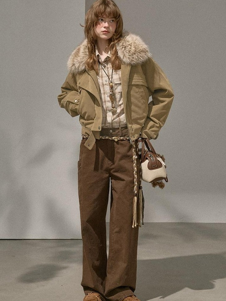 DIDDI MODA Khaki Pu Jacket Parka Round Neck Cargo Pants Women&
