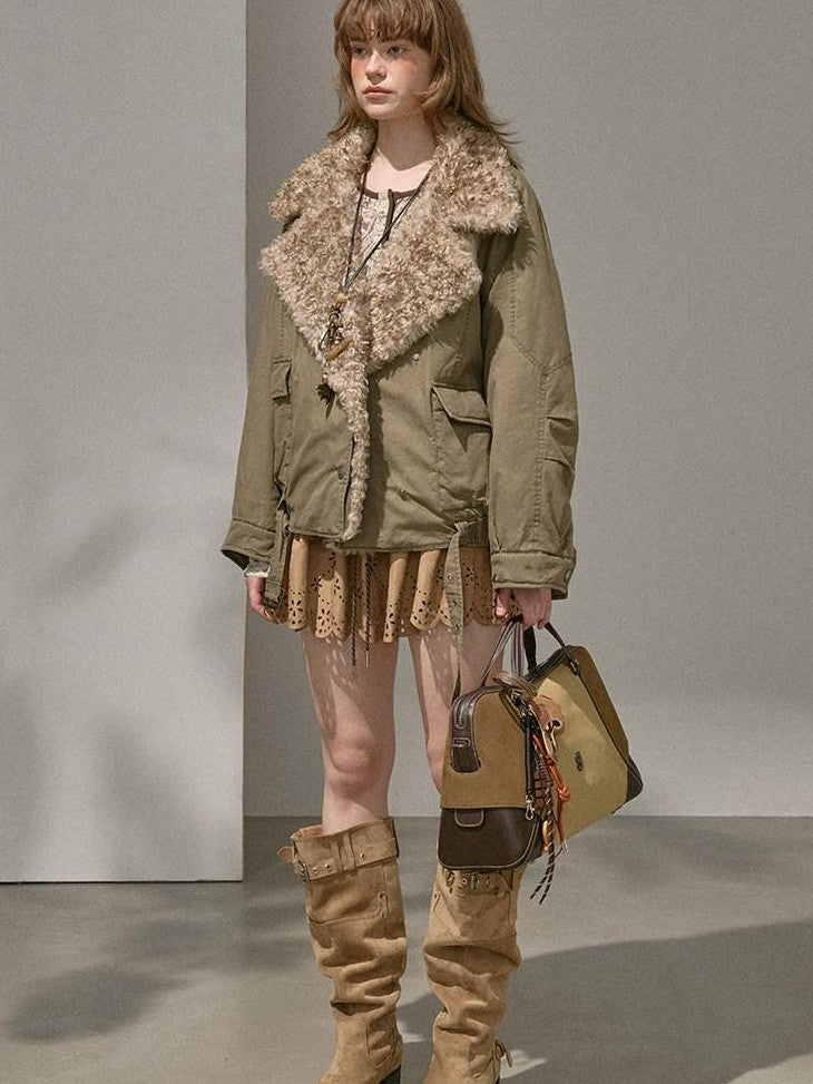 DIDDI MODA Khaki Pu Jacket Parka Round Neck Cargo Pants Women&