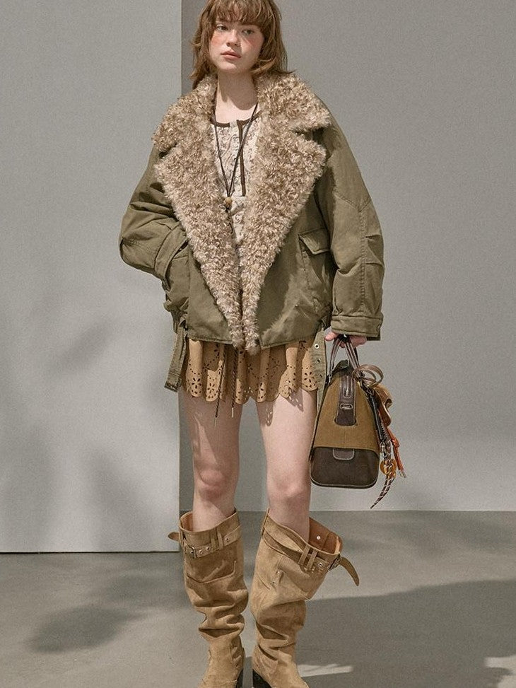 DIDDI MODA Khaki Pu Jacket Parka Round Neck Cargo Pants Women&