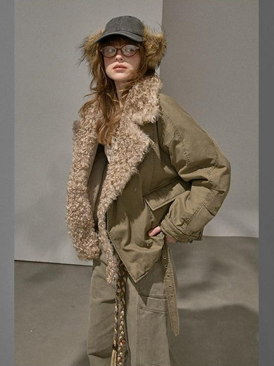 DIDDI MODA Khaki Pu Jacket Parka Round Neck Cargo Pants Women&
