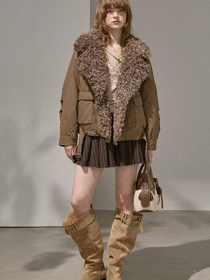DIDDI MODA Khaki Pu Jacket Parka Round Neck Cargo Pants Women&