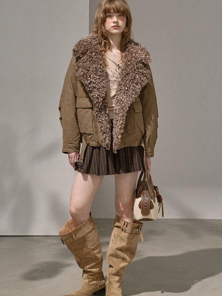 DIDDI MODA Khaki Pu Jacket Parka Round Neck Cargo Pants Women&