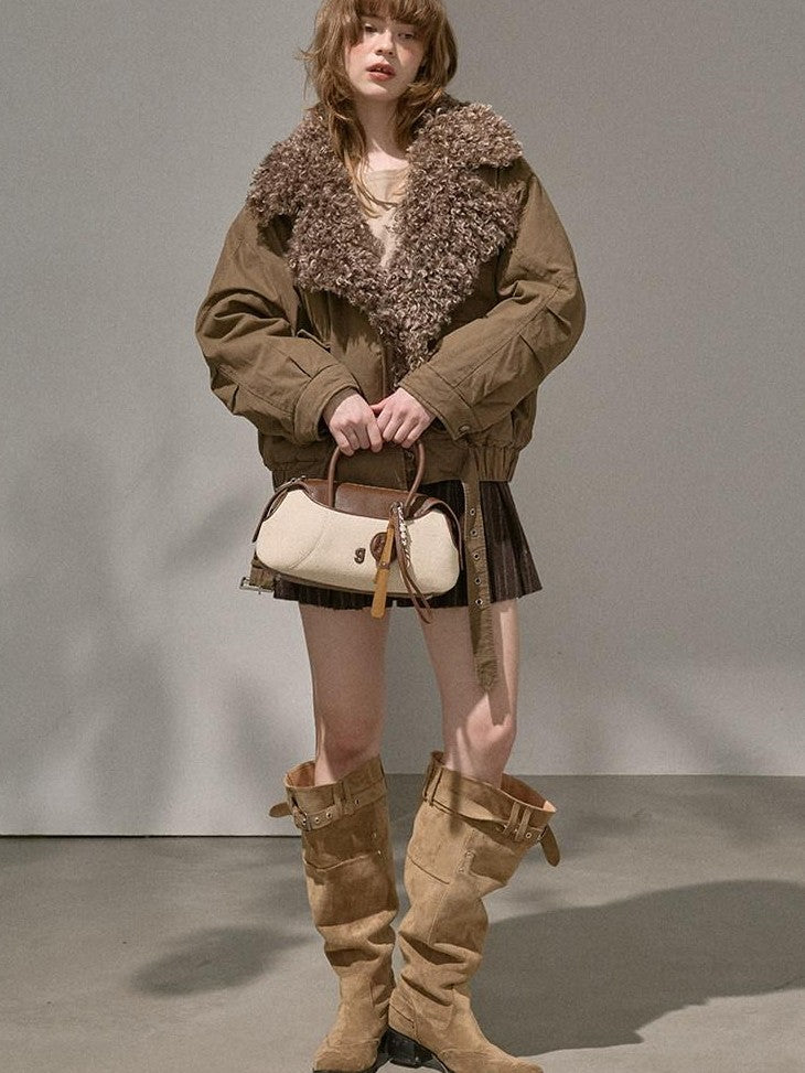 DIDDI MODA Khaki Pu Jacket Parka Round Neck Cargo Pants Women&