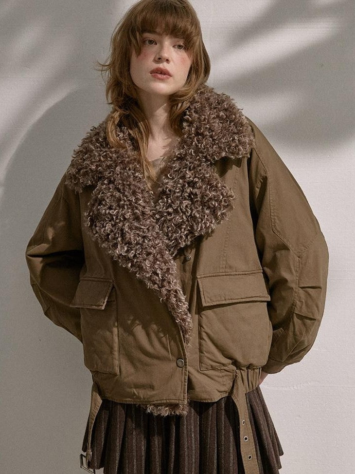 DIDDI MODA Khaki Pu Jacket Parka Round Neck Cargo Pants Women&