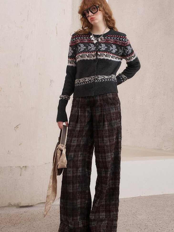 DIDDI MODA Knitted Cardigan Sweater Plaid Loose Fit Women&