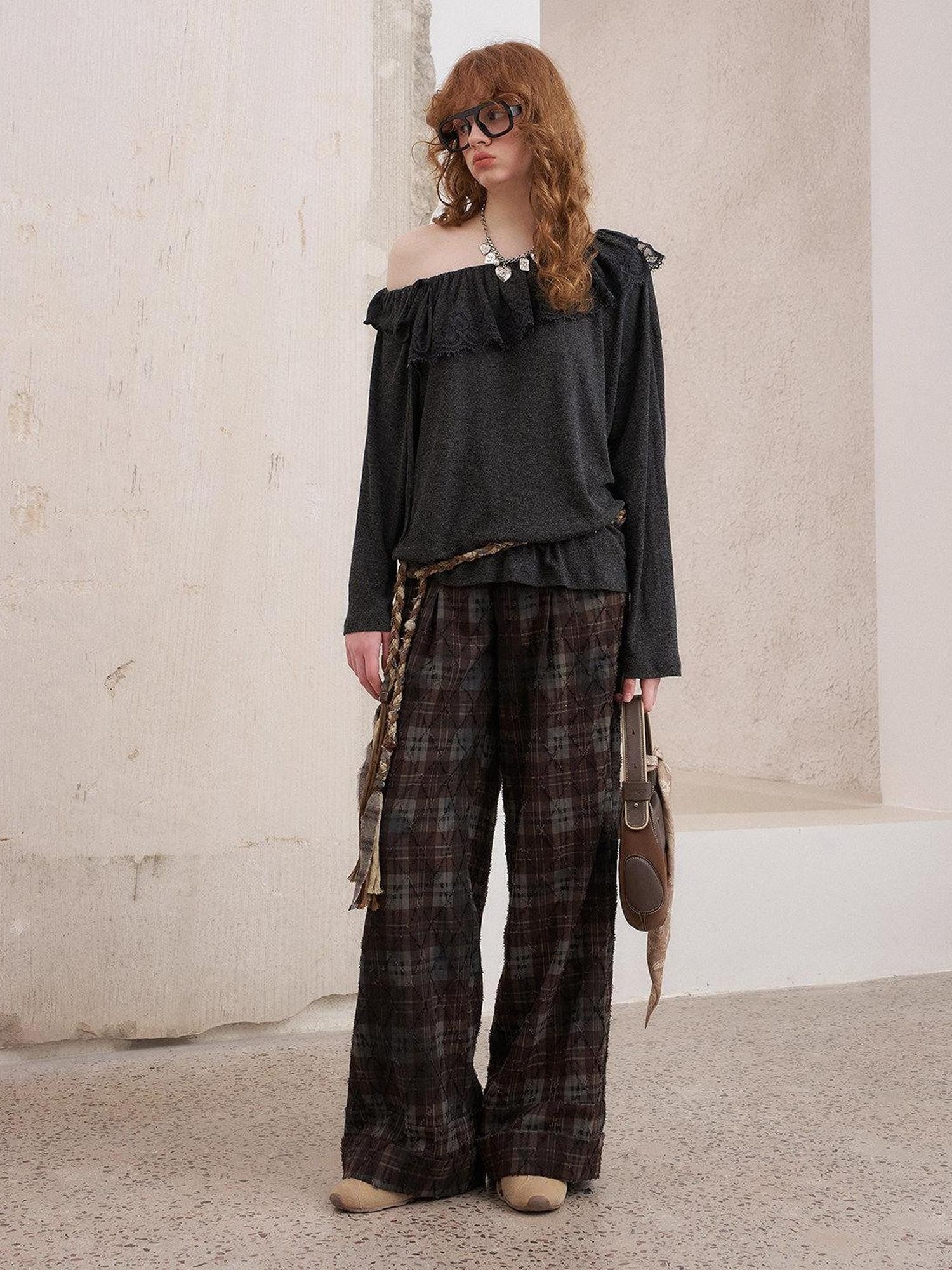 DIDDI MODA Knitted Cardigan Sweater Plaid Loose Fit Women&