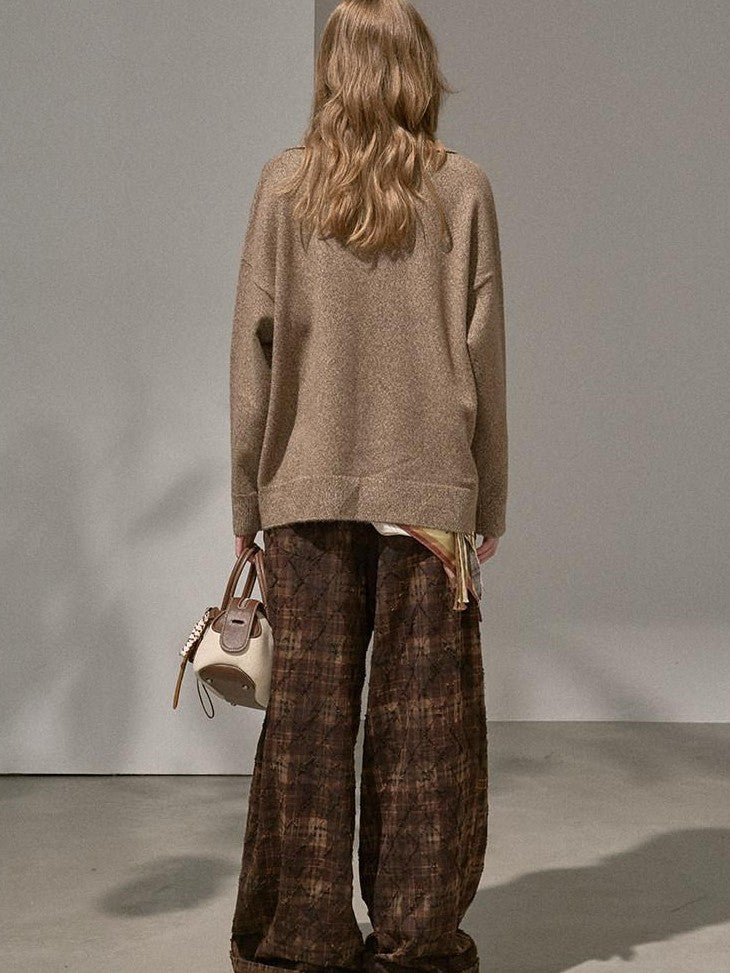 DIDDI MODA Knitted Cardigan Sweater Plaid Loose Fit Women&