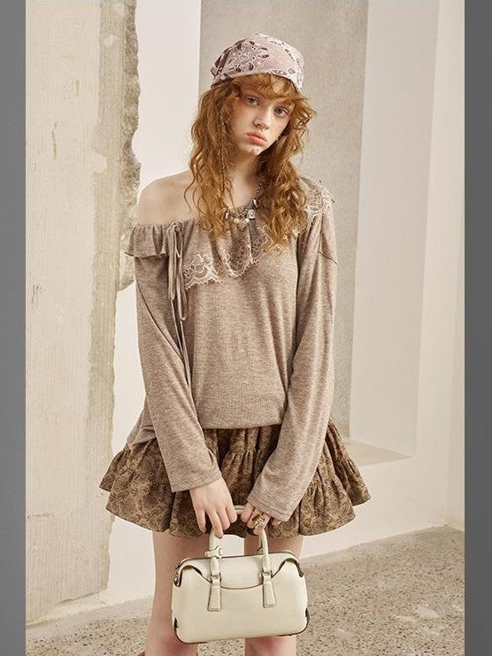 DIDDI MODA Lace Panel Ruched Long Sleeve Women&