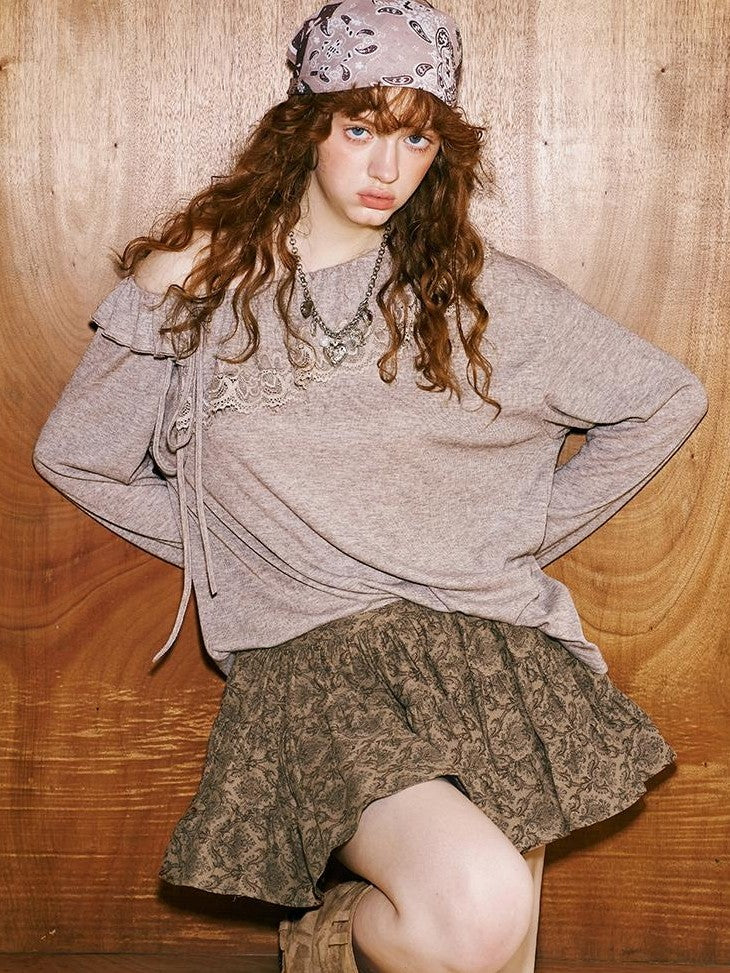 DIDDI MODA Lace Panel Ruched Long Sleeve Women&