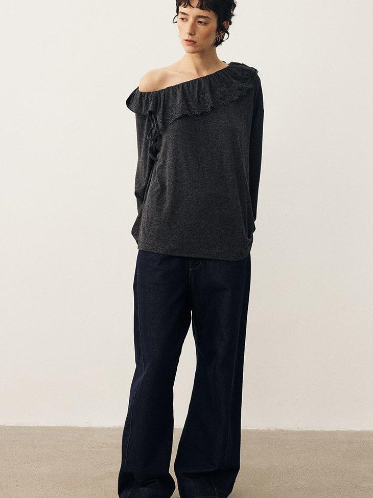 DIDDI MODA Lace Panel Ruched Long Sleeve Women&