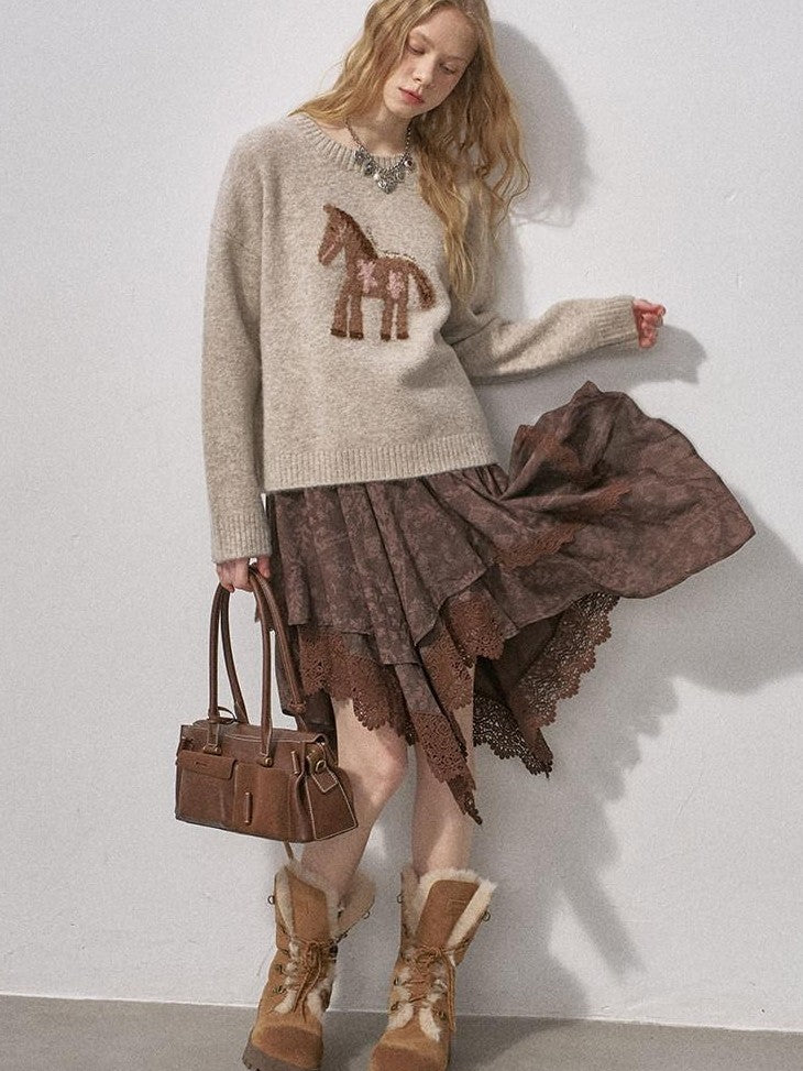 DIDDI MODA Lace Patchwork Irregular Layered Pleated Print Women&