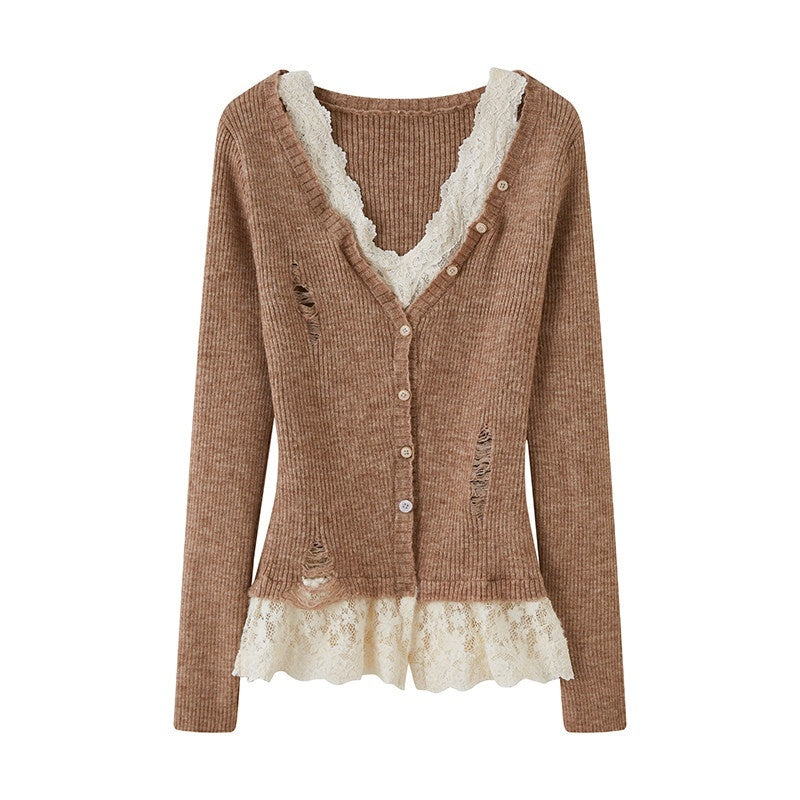 DIDDI_MODA_Lace_Spliced_Faux_Two_Piece_Slim_V-neck_Women&