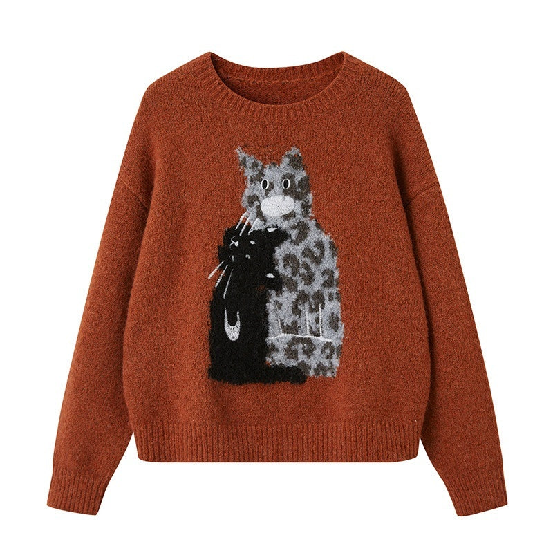 DIDDI_MODA_Leopard_Kitten_Embroidered_Crewneck_Drop_Shoulder_Women&