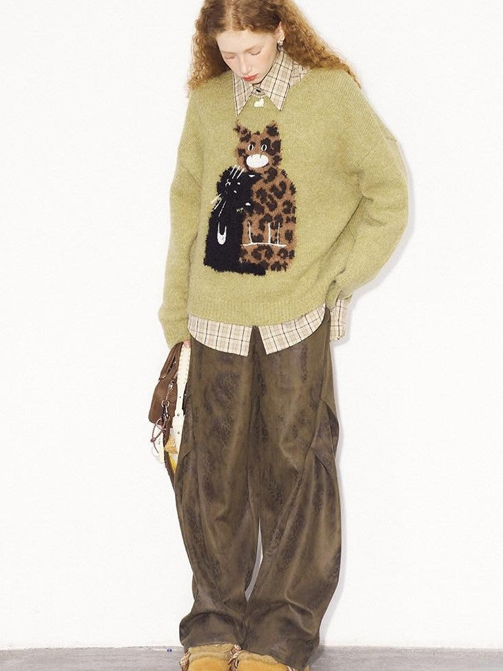 DIDDI MODA Leopard Kitten Embroidered Crewneck Drop Shoulder Women&