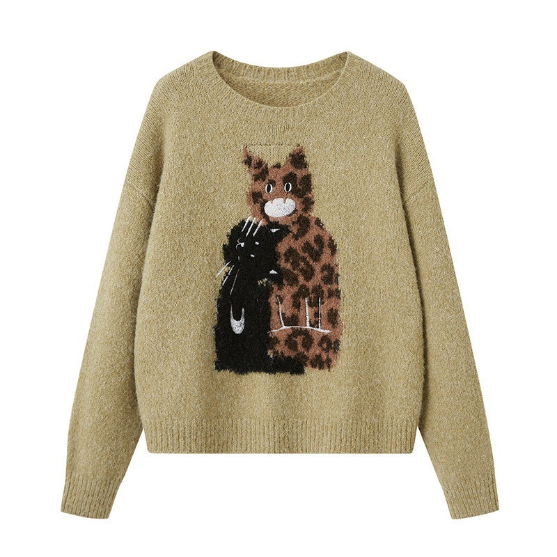 DIDDI_MODA_Leopard_Kitten_Embroidered_Drop_Shoulder_Crewneck_Women&