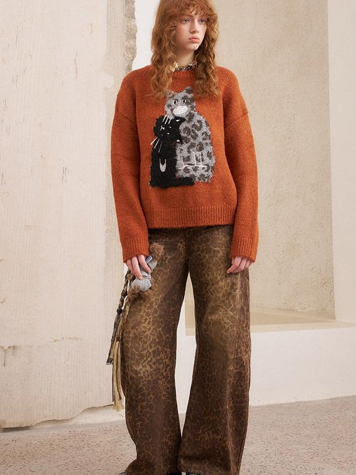 DIDDI MODA Leopard Kitten Embroidered Drop Shoulder Crewneck Women&