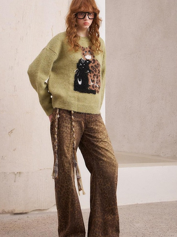 DIDDI MODA Leopard Kitten Embroidered Drop Shoulder Crewneck Women&