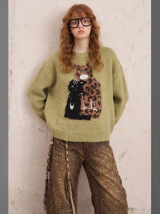 DIDDI MODA Leopard Kitten Embroidered Drop Shoulder Crewneck Women&