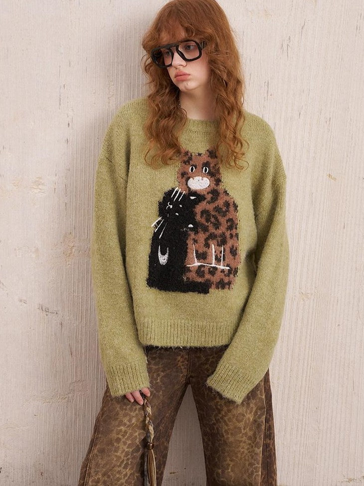 DIDDI MODA Leopard Kitten Embroidered Drop Shoulder Crewneck Women&