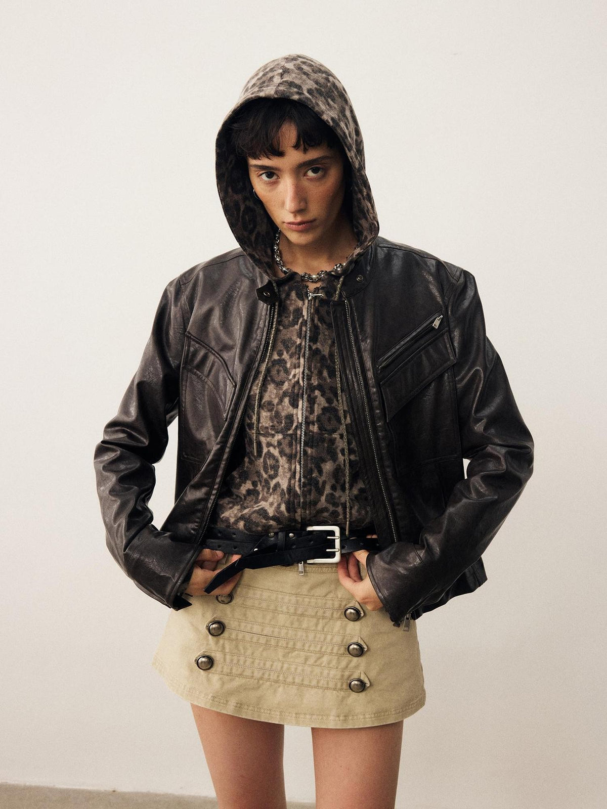 DIDDI MODA Leopard Print Brushed Hooded Slim Fit Women&