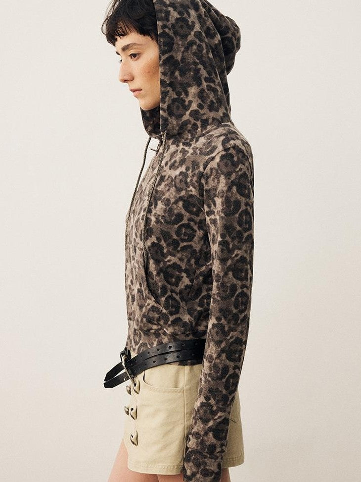 DIDDI MODA Leopard Print Brushed Hooded Slim Fit Women&