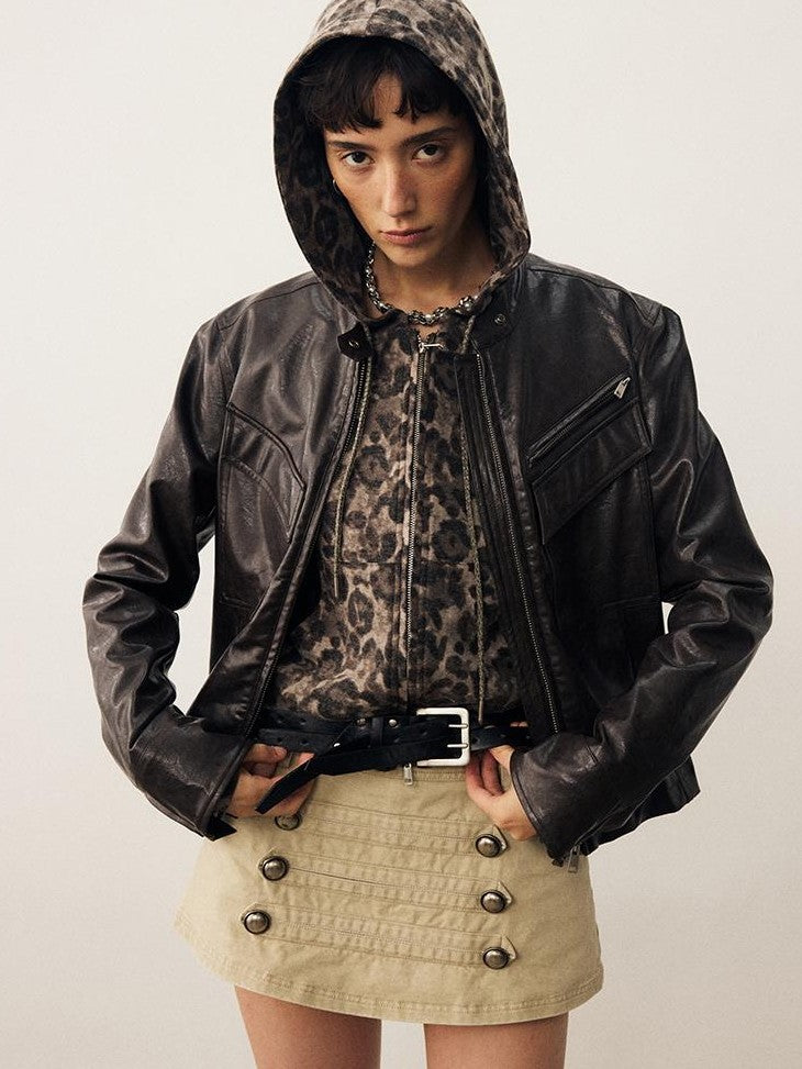 DIDDI MODA Leopard Print Brushed Hooded Slim Fit Women&