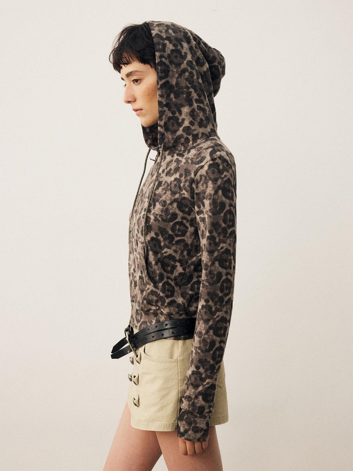 DIDDI MODA Leopard Print Brushed Hooded Slim Fit Women&