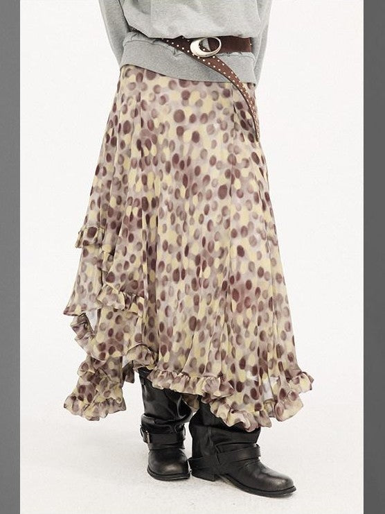 DIDDI MODA Leopard Print Polka Dot Printed Asymmetric Ruffle Women&