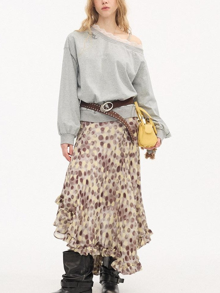 DIDDI MODA Leopard Print Polka Dot Printed Asymmetric Ruffle Women&