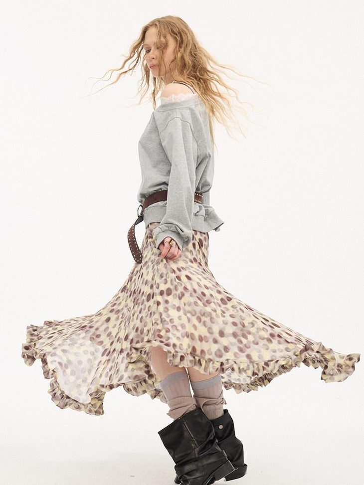 DIDDI MODA Leopard Print Polka Dot Printed Asymmetric Ruffle Women&