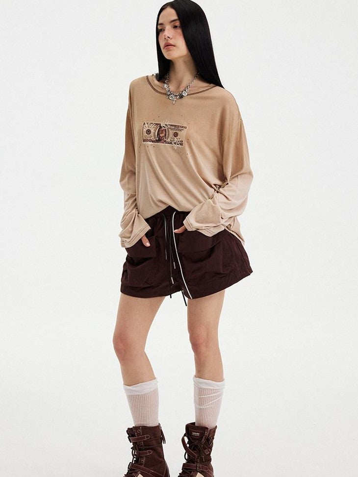 DIDDI MODA Light Khaki Letter Print U Neck Drop Shoulder Women&