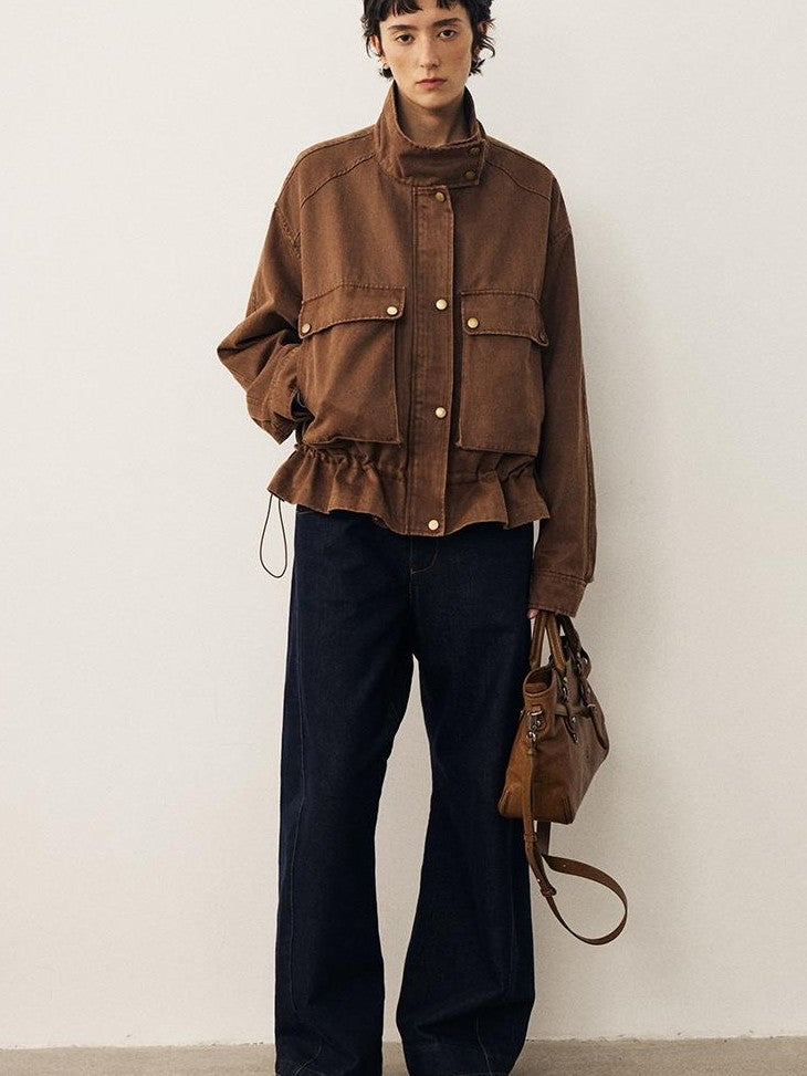 DIDDI MODA Loose Fit Drop Shoulder Drawstring Stand Collar Big Pockets Women&