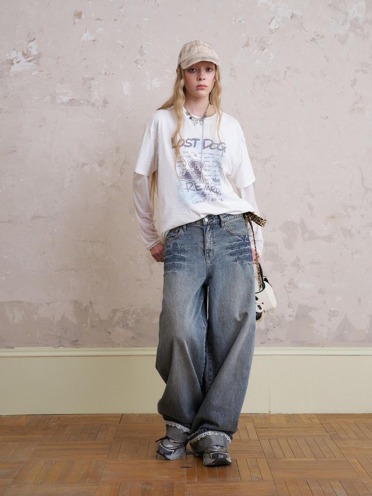 DIDDI MODA Loose Fit Patchwork Cuffs Fake Two Piece Graphic Women&