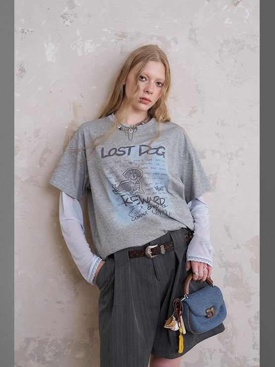 DIDDI MODA Loose Fit Patchwork Cuffs Fake Two Piece Graphic Women&