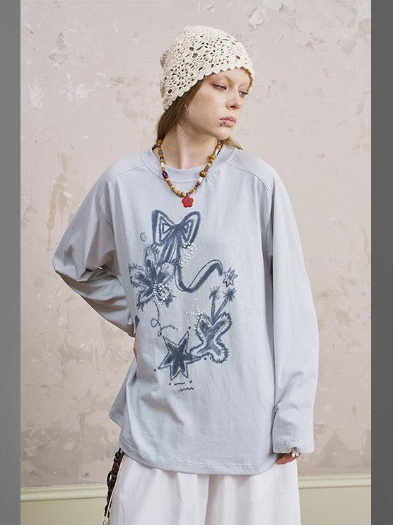 DIDDI MODA Loose Fit Rhinestone Round Neck Women&
