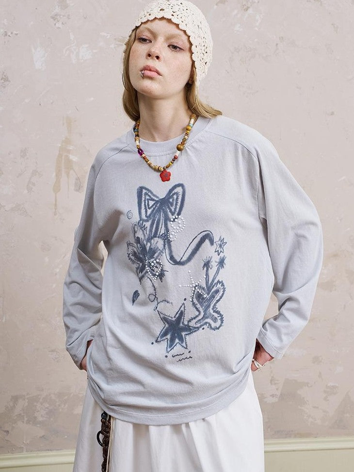 DIDDI MODA Loose Fit Rhinestone Round Neck Women&