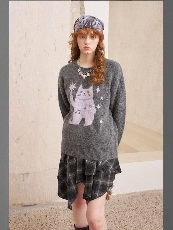 DIDDI MODA Magic Cat Cartoon Soft Oversized Pullover Women&