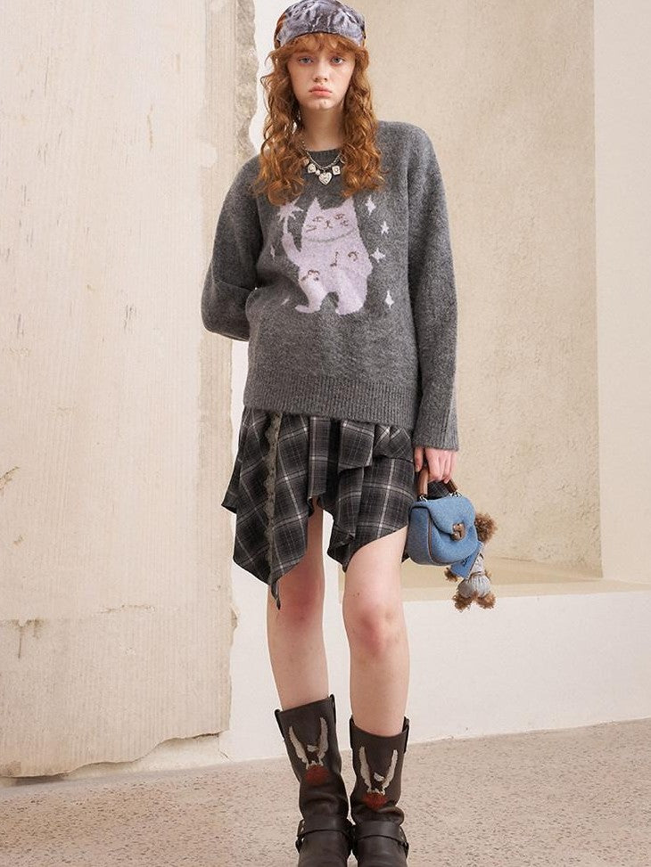 DIDDI MODA Magic Cat Cartoon Soft Oversized Pullover Women&