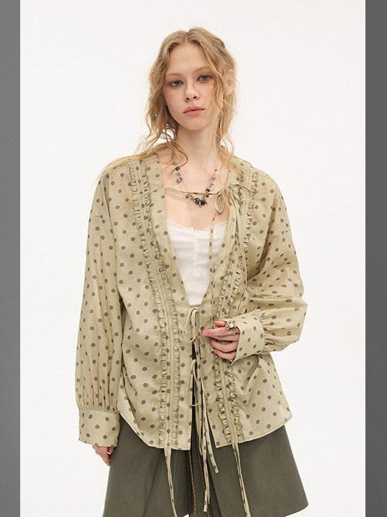 DIDDI MODA Matcha Polka Dot Ruffle V-neck Drawstring Women&