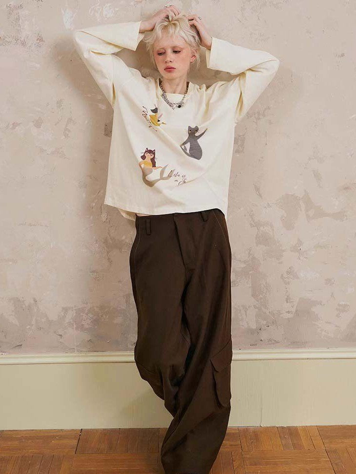 DIDDI MODA Mermaid And Letter Print V-neck Long Sleeve Women&
