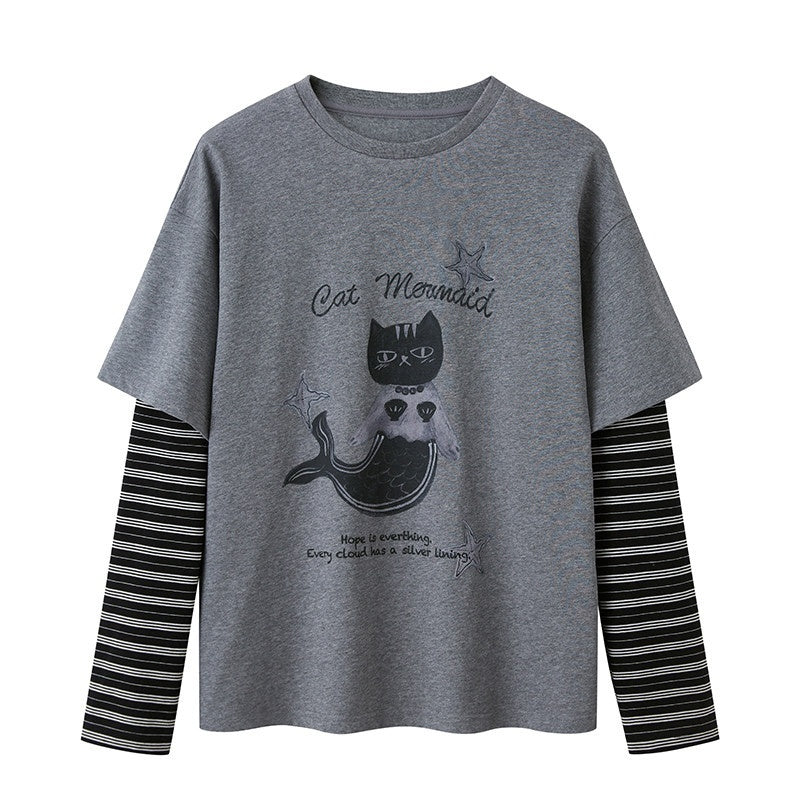 DIDDI_MODA_Mermaid_Cat_Print_Faux_Two_Piece_Loose_Layered_Women&
