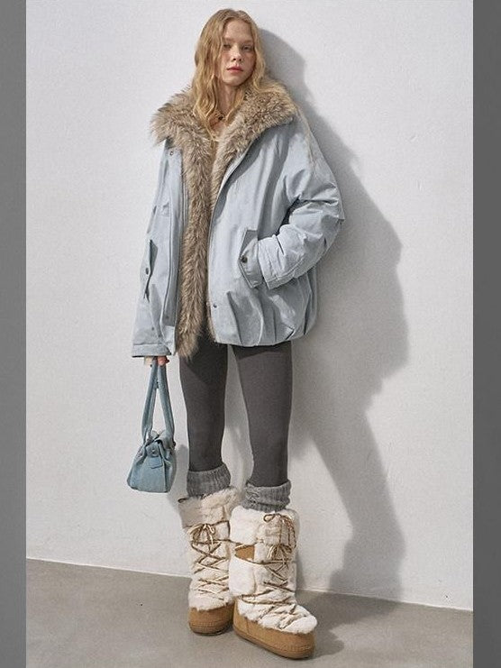 DIDDI MODA Mist Blue Fur Collar Zipper Bud Parka Women&