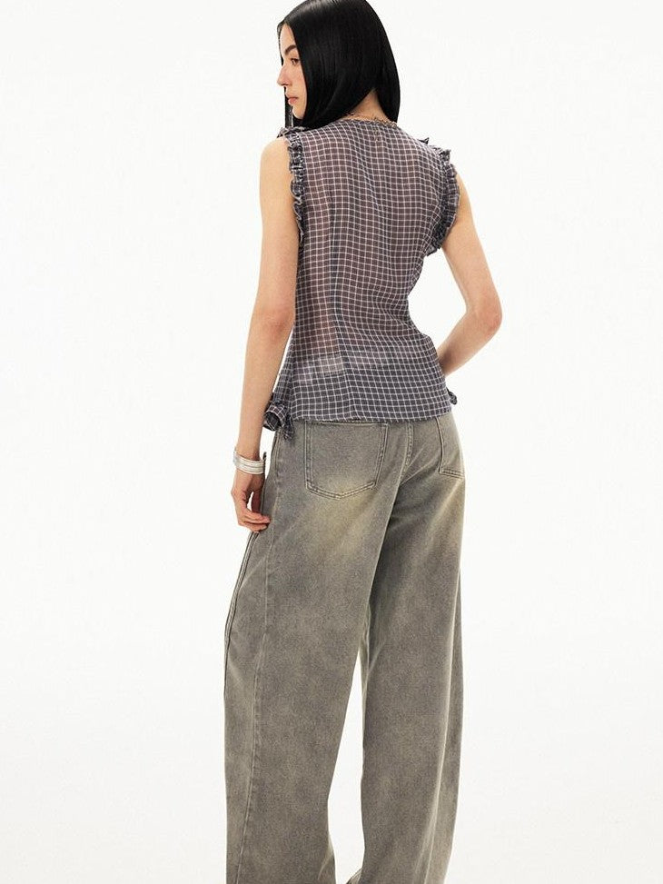 DIDDI MODA Mist Gray Blue Washed Textured Slight Stretch Striped Women&