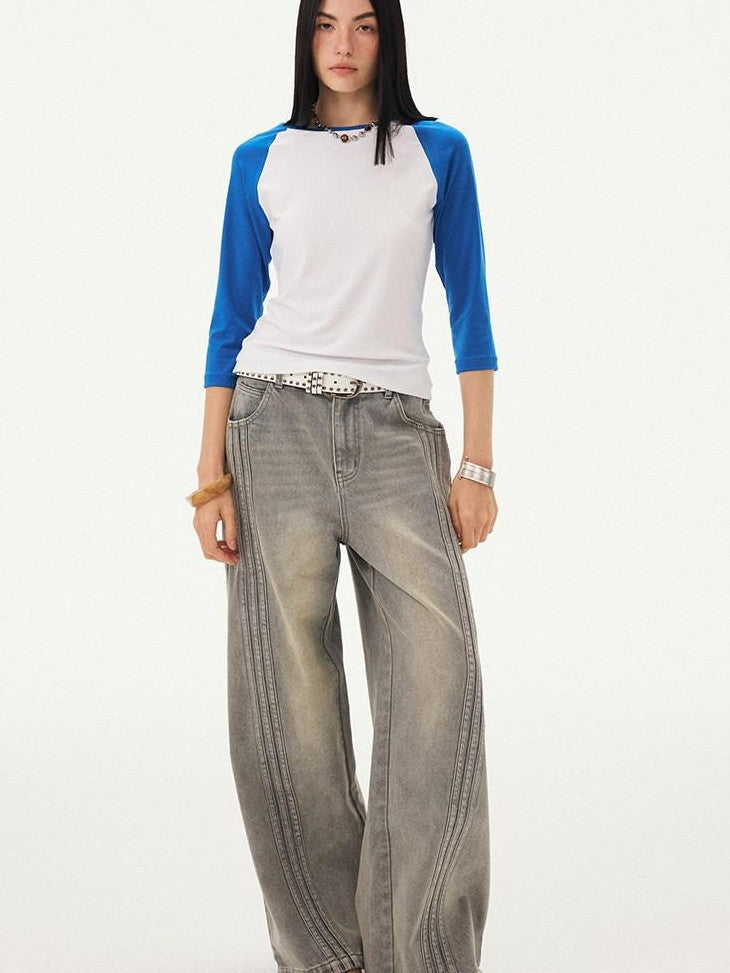 DIDDI MODA Mist Gray Blue Washed Textured Slight Stretch Striped Women&
