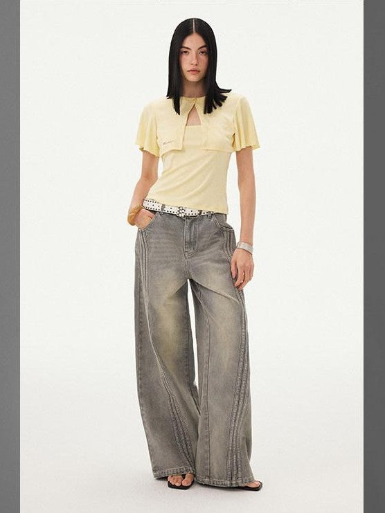 DIDDI MODA Mist Gray Blue Washed Textured Slight Stretch Striped Women&