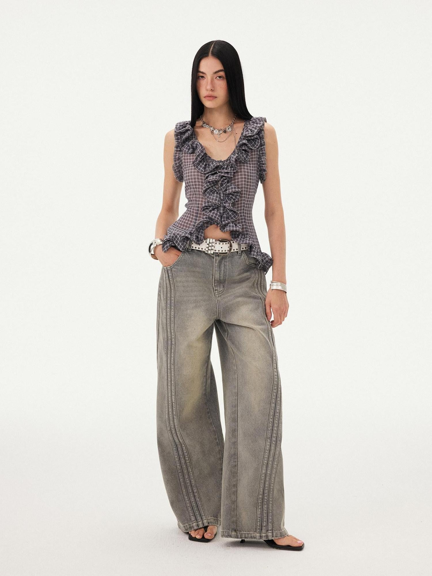 DIDDI MODA Mist Gray Blue Washed Textured Slight Stretch Striped Women&